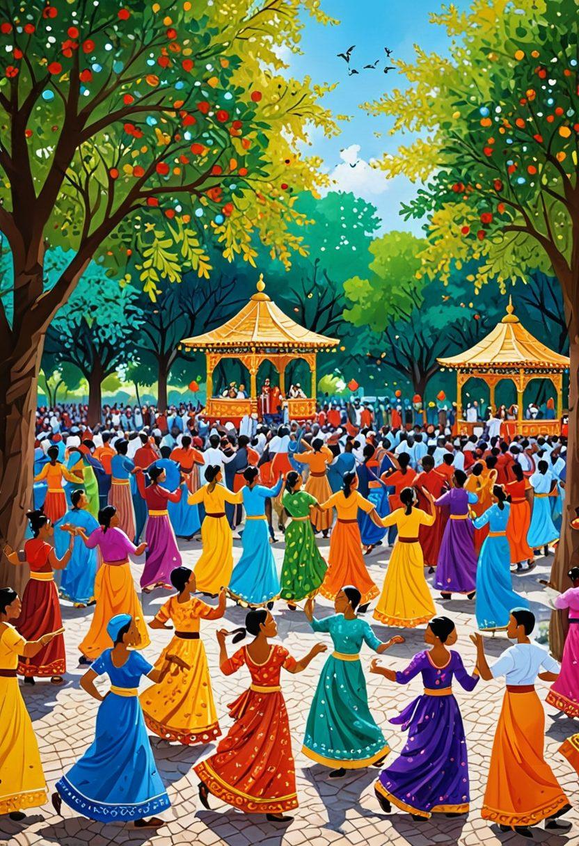 A vibrant mosaic representing the diverse cultures of Muni, showcasing joyful community members engaging in traditional dances, colorful clothing, and unique cultural symbols. Include elements like food stalls, lively music, and people of different backgrounds coming together in a park setting adorned with festive decorations. The atmosphere should exude warmth and unity. painting. vibrant colors. festival theme.