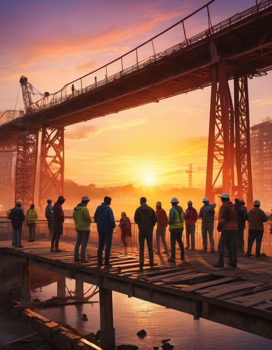 A vibrant community scene showing people of various backgrounds joyfully collaborating on a bridge construction project, symbolizing unity and togetherness. Include diverse individuals using tools, sharing ideas, and building connections, with a colorful sunset in the background illuminating the scene. Emphasize warmth and collaboration through bright colors and expressive faces. super-realistic. vibrant colors. warm tones.