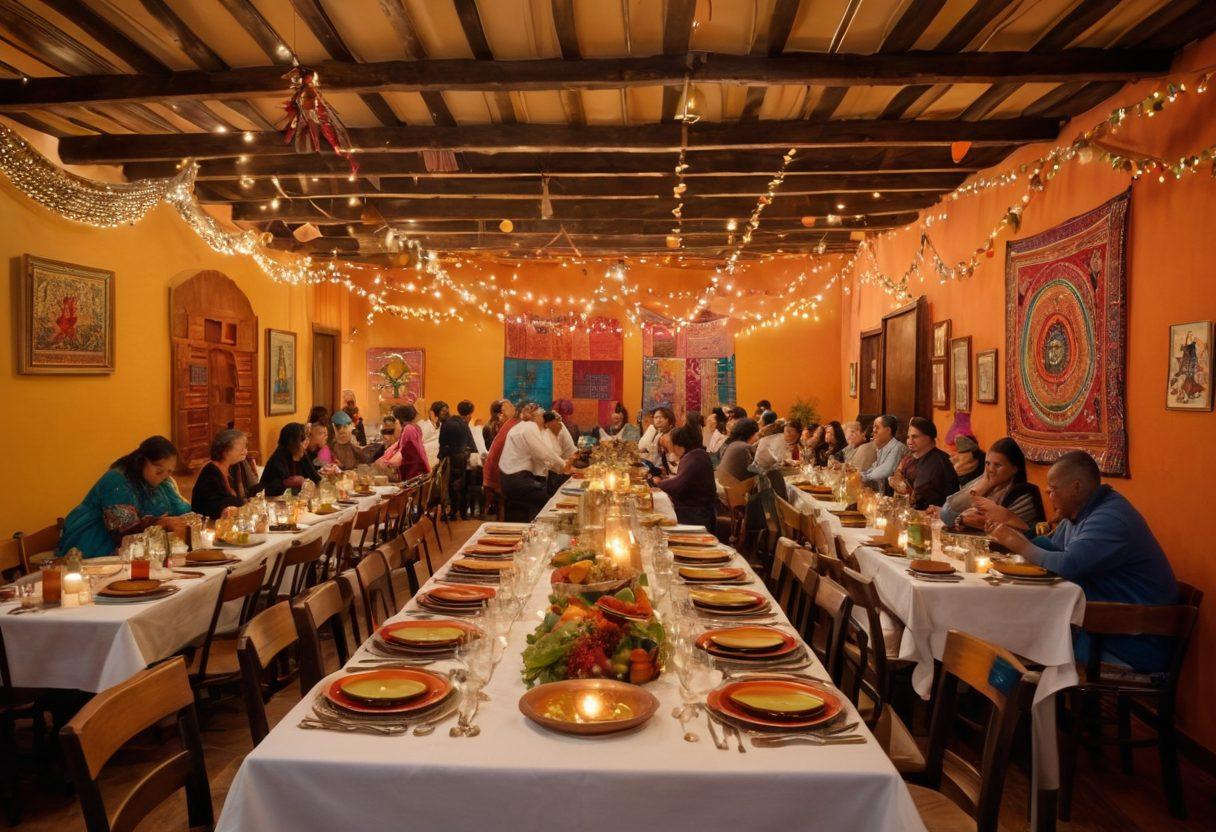 A vibrant scene depicting a diverse group of people sharing traditional dishes from various cultures in a warm, inviting environment. Incorporate elements like colorful textiles, musical instruments, and art pieces representing different cultures around them, all emanating a sense of joy and connection. The background should feature soft lighting with a melting pot symbol subtly blending with the skyline. warm colors. super-realistic.